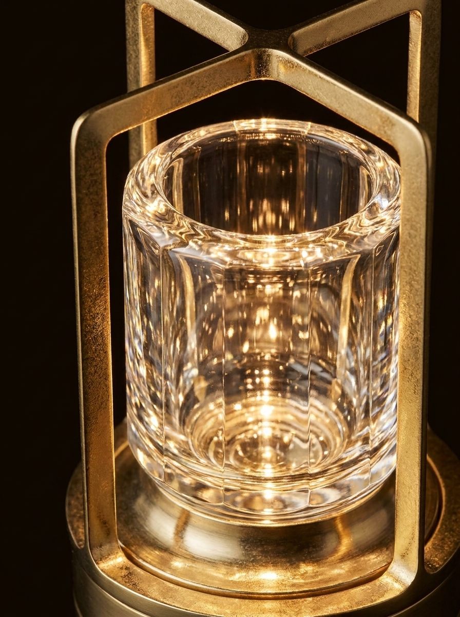 Macro van gefacetteerd kristalglas dat warm licht breekt