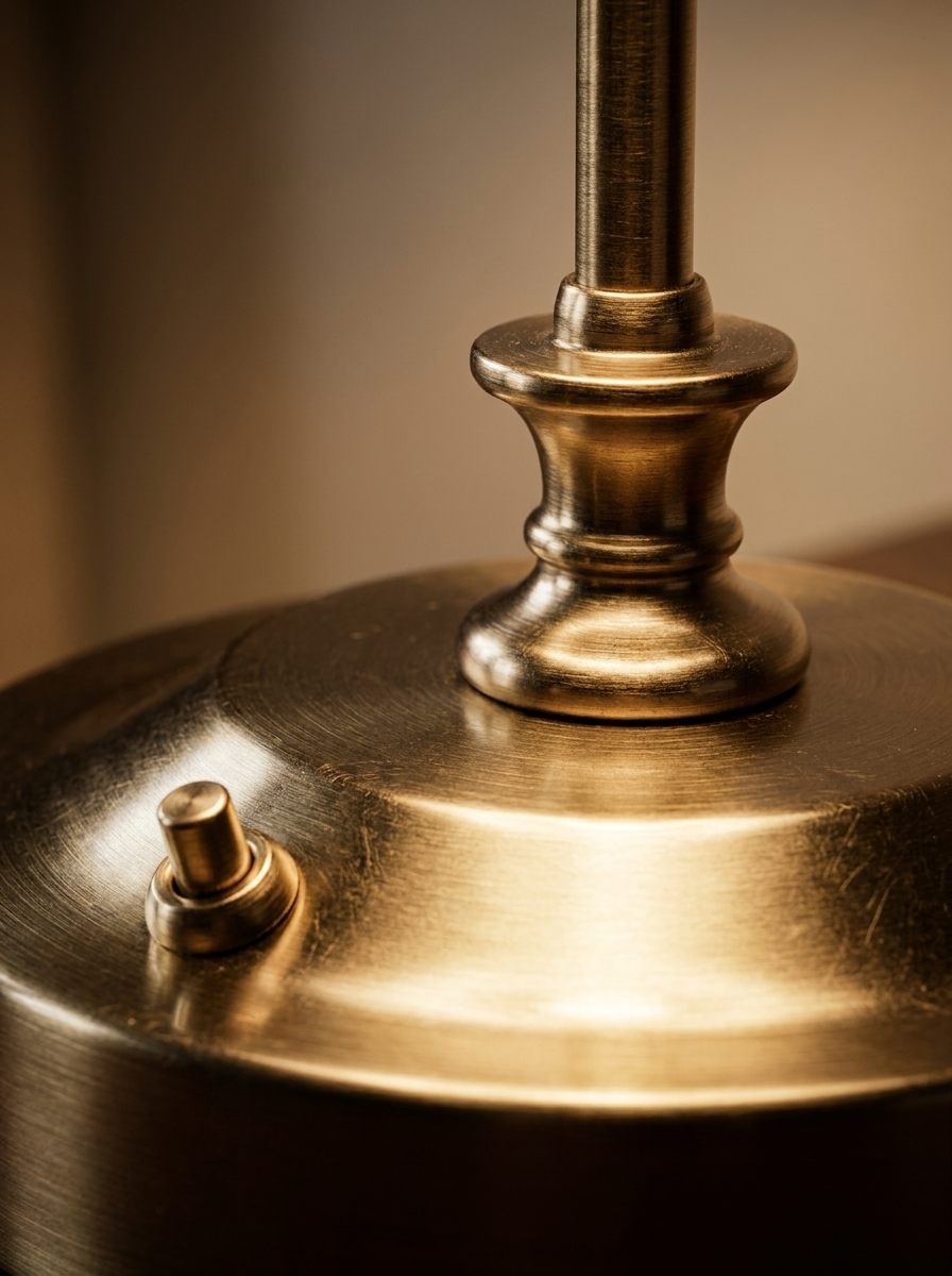 Macro van een geborstelde messing lampvoet in warm licht