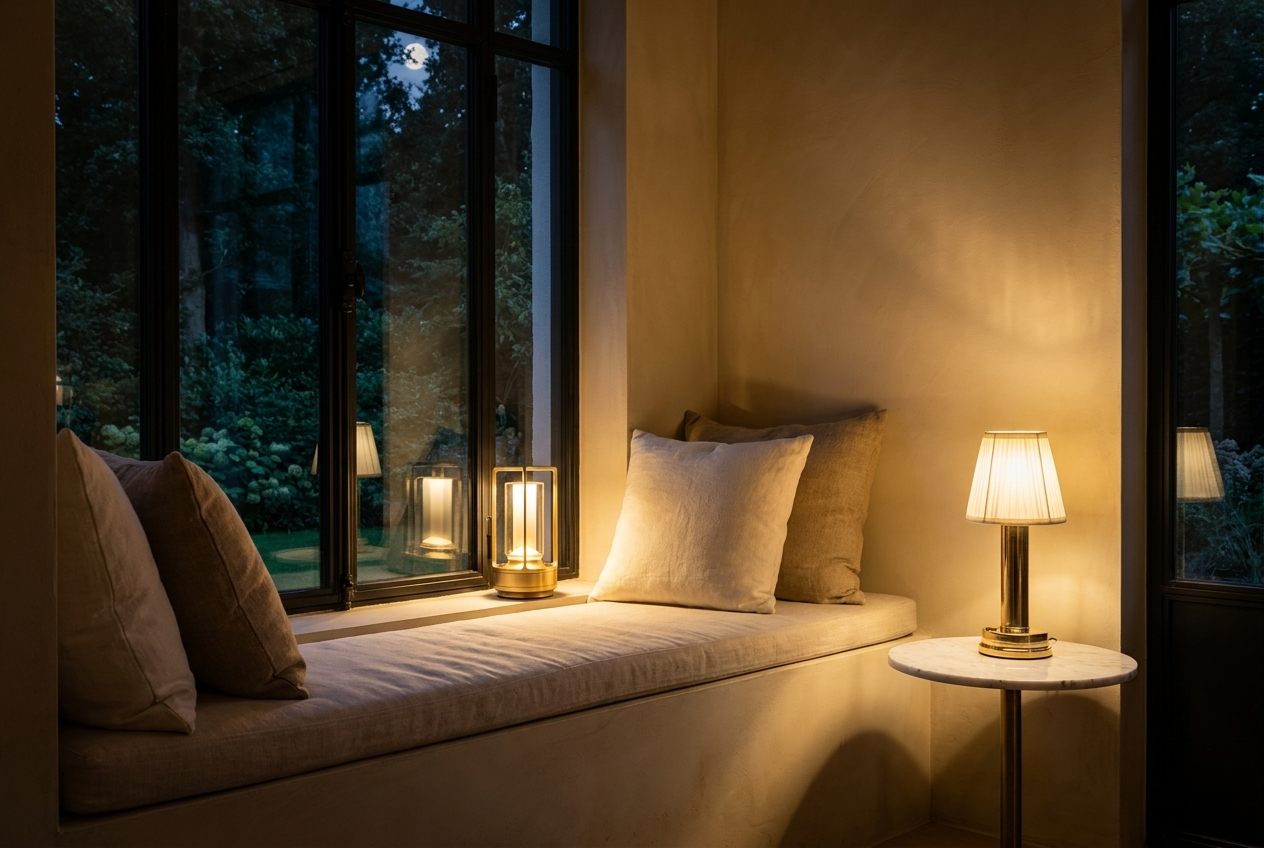 Vensterbank in een villa bij avond met een brandende Lumorio Lanterna en Cena, zonder een snoer in zicht