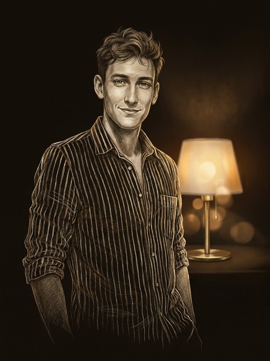 Getekend portret van Theunis Huurman, oprichter van Lumorio, met een brandende Lumorio tafellamp